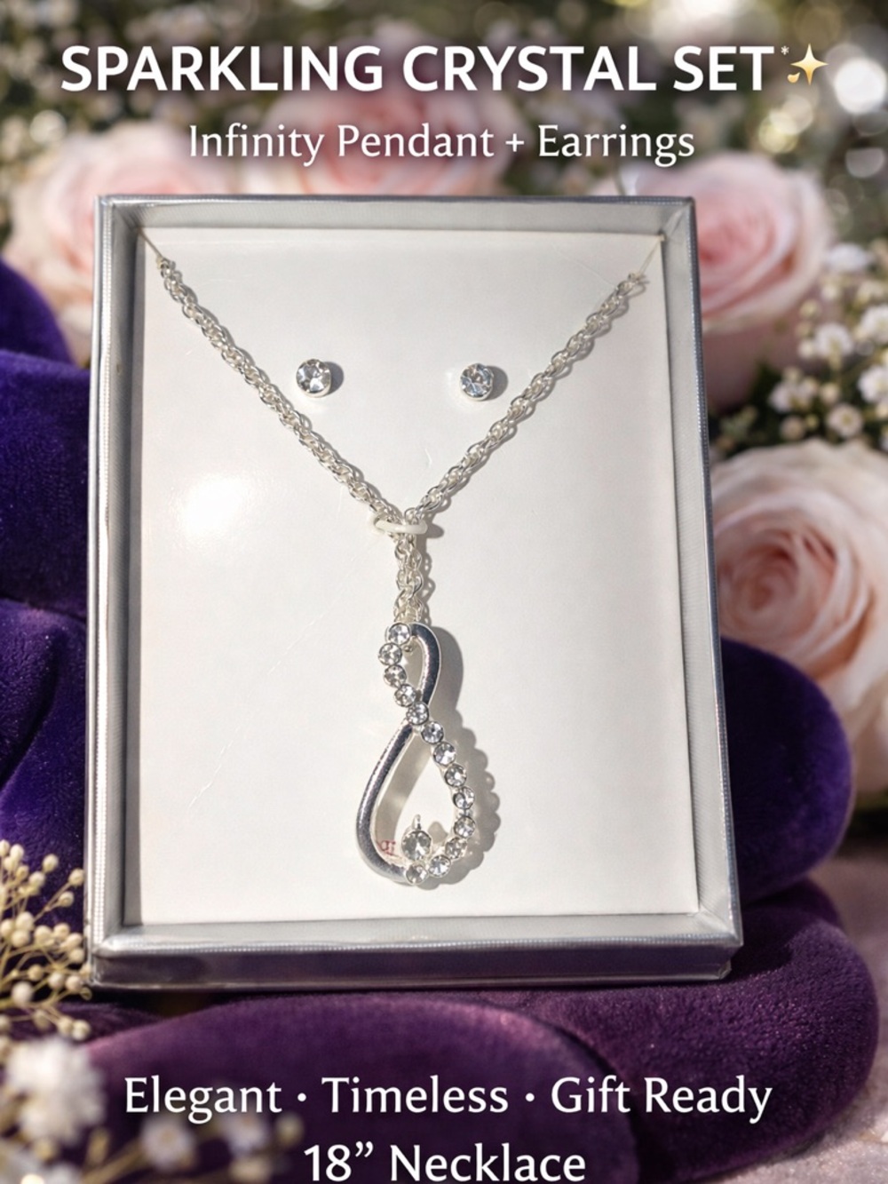 Genuine Crystal Pendant Necklace & Earrings Set – Elegant Silver Tone